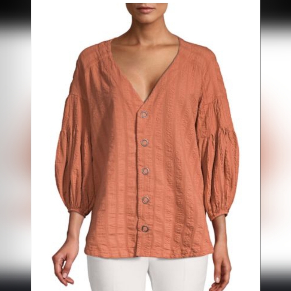 Free People Brown Buttoned Ruched Blouse - Picture 2 of 8